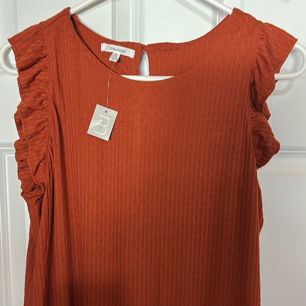 Maurices Brown and Orange Flutter Sleeve Ribbed Blouse